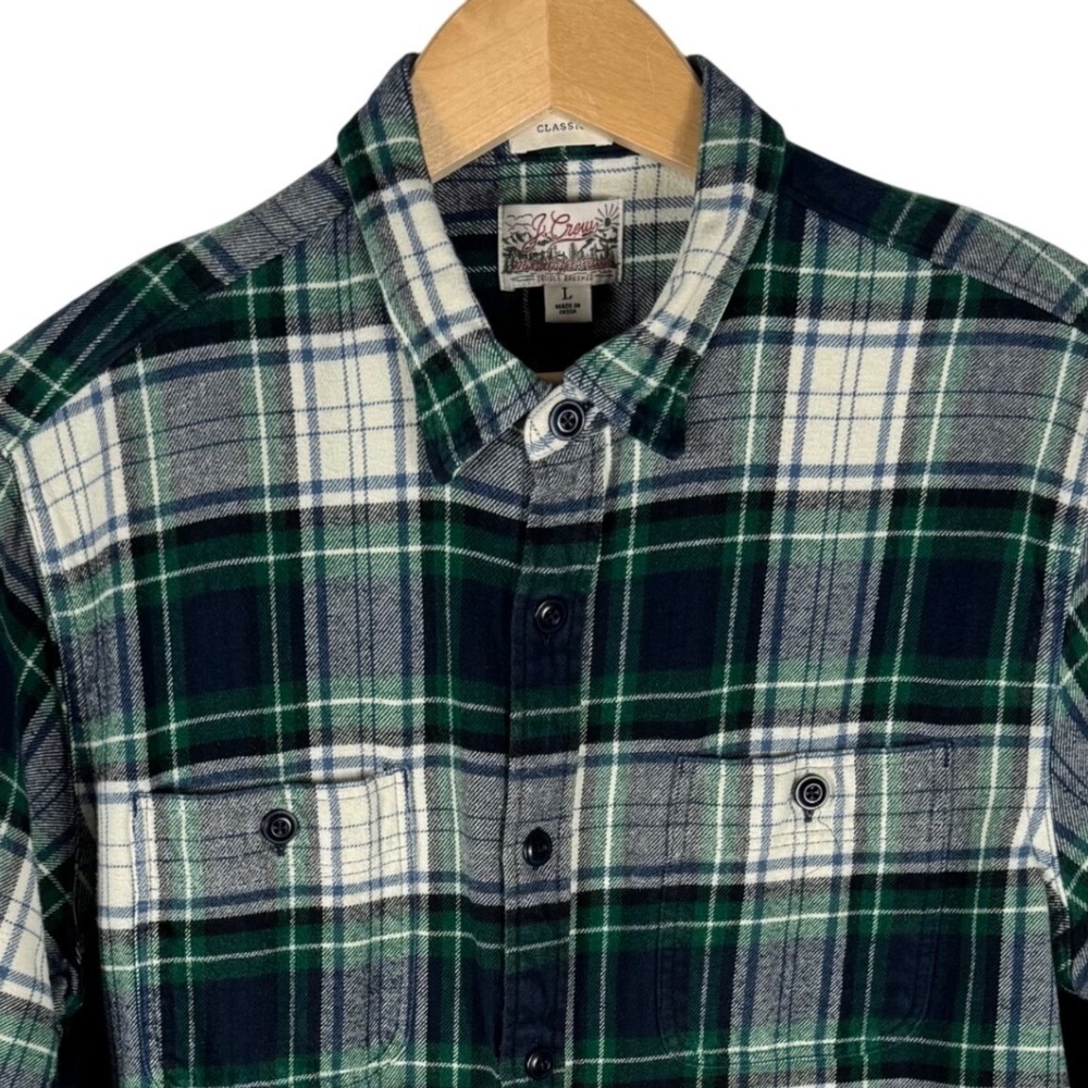 J.Crew Classic Plaid  Flannel Shirt Mens L Mid-Weight Green Navy Cotton Outdoor